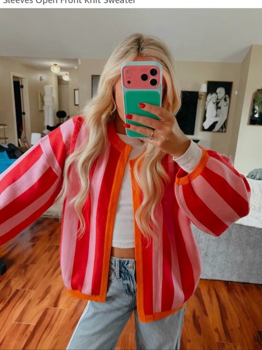 Red Pink Striped Open Front Knit Cardigan Orange Trim Size L NWT